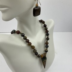 Vtg Genuine Jasper Hexagonal Pyramid Pendant Necklace Earring Set Earth Tones