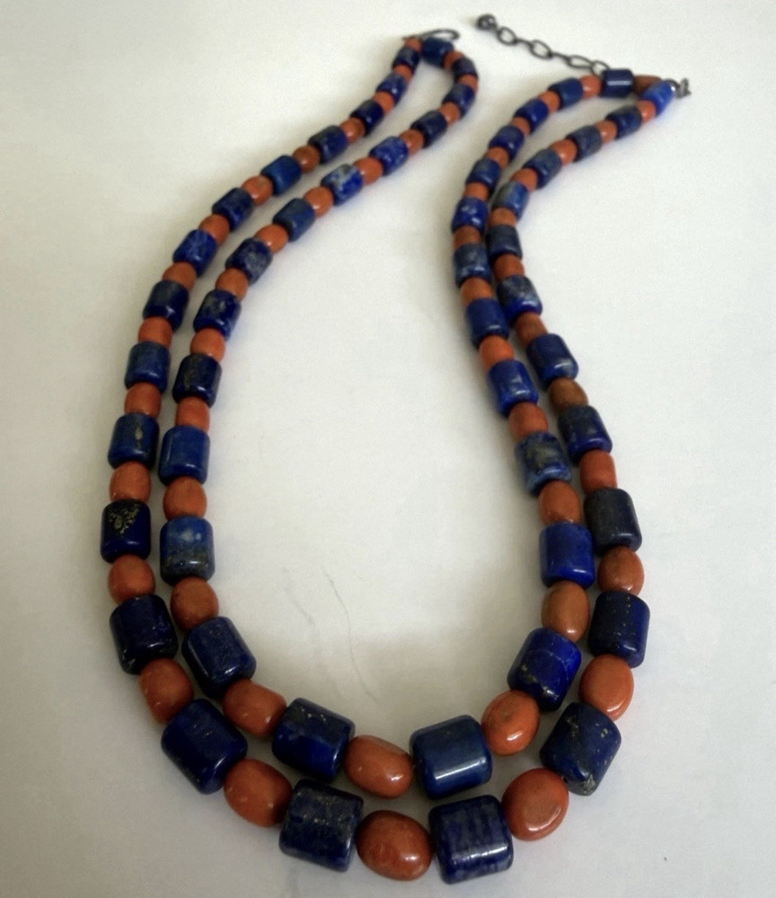 925 DTR Sterling Silver Lapis and Coral Beaded 2-Strand Necklace!