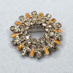 Vintage Rhinestone Brooch Enamel Champagne Sparkles Silver Tone 1.5″