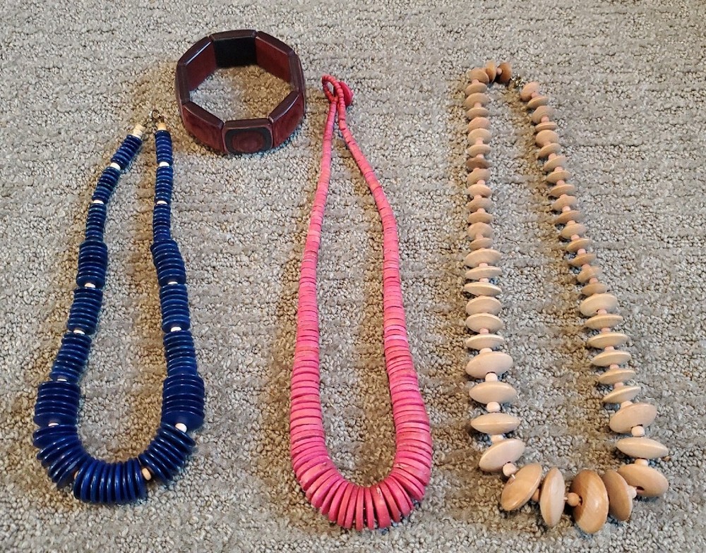 Round Graduated Wood Bead Necklaces and Wood Stretch Bracelet 4 Piece Lot