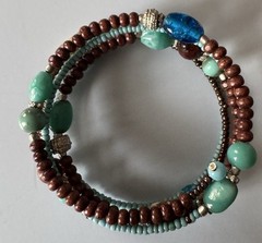 Vintage Brown & Blue Glass Seed & Wooden Bead Wrap Bracelet Fits All