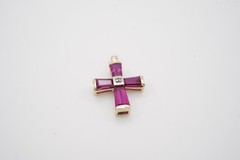 Vintage 10k Yellow Gold Ruby Cross Pendant. (4) Tapered Baguettes