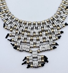 Vintage Silver & Gold Tone Beaded Bib Statement Necklace Gothic Black