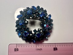 VTG Dark Blue Austrian Crystal Wreath Brooch Stamped Made in Austria Black Metal