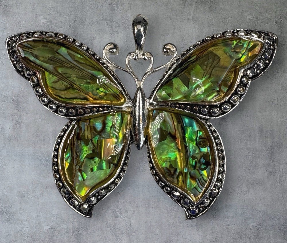 Vintage Faux Abalone Butterfly Pendent Silver Tone Large