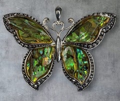 Vintage Faux Abalone Butterfly Pendent Silver Tone Large