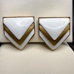 Vintage Gold & White Lucite Clip On Earrings Geometric Chevron Classic 80s Glam