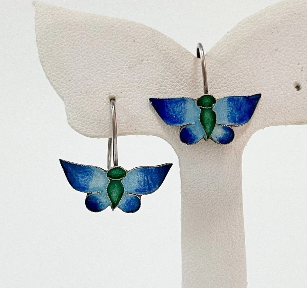 Sweet Butterfly Earrings Drop Blue Green Enamel Sterling Silver Hook Estate Vtg