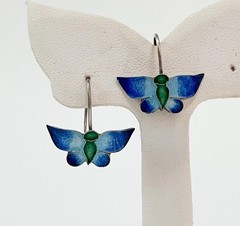 Sweet Butterfly Earrings Drop Blue Green Enamel Sterling Silver Hook Estate Vtg