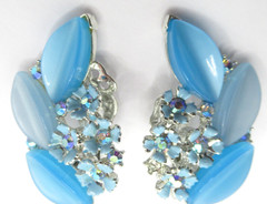 Lisner Signed Blue Thermoset and AB Rhinestone Climber Vintage Clip-On Earrings
