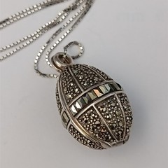 Egg Locket Necklace Vintage Sterling Silver Marcasite Secret Holder Compartment