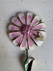 Vintage Enamel Brooch Pin Floral Pink Green Large Statement Flower