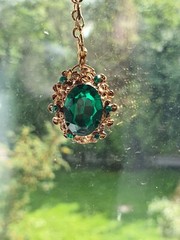 Vintage Jewelry, Green Stones and Chain Pendant, Antique Jewelry, Made in USSR