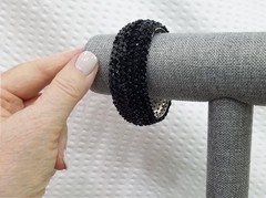 Vintage Circa 1990s Black Sequined Silver Tone Oval Domed Cuff Bracelet