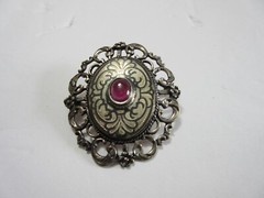 Vintage 900 Silver &Pink Stone Niello Brooch Pin ~ 14.5 grams