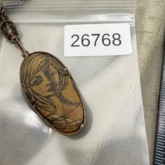 Vintage Necklace Hand Painted Portrait Double Sided Egyptian Revival Copper 28”