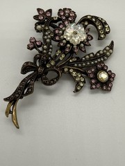 Large Sweet Romance USA Victorian Brooch Pink Rhinestones Faux Pearls 3” VTG
