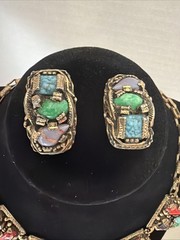 Vintage Selro Selini Art Glass Cabachon Necklace & Earrings Set Beautiful EUC