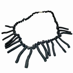 1970s Vintage Tribal Black Wood Fringe Statement Necklace Boho Ethnic 16”