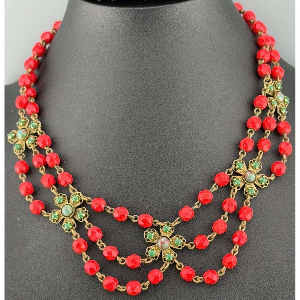 Vintage Freirich Necklace Triple Scalloped Red Faceted Glass Beads Green Flowers