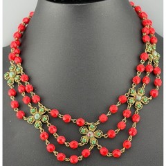 Vintage Freirich Necklace Triple Scalloped Red Faceted Glass Beads Green Flowers