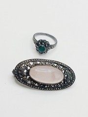 VTG AS IS Sterling Silver Marcasite Brooch Rose Quartz Deco Style Pin Ring lot