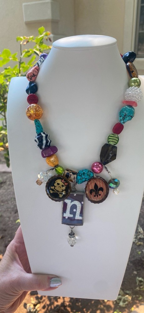 Vintage Statement Fun Party Necklace 19″ Lg Glass Multicolored Beads w/pendants
