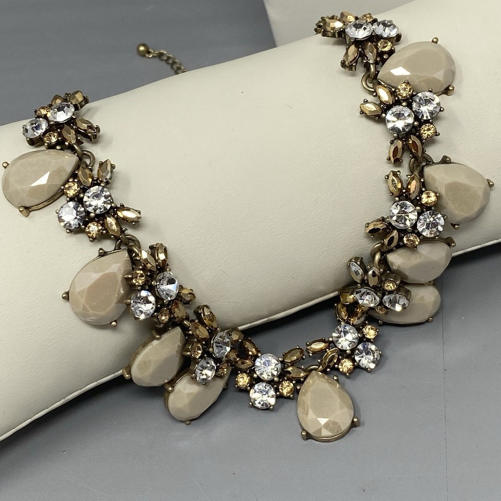 Statement Rhinestone Necklace Gold Tone Bib Tan Acrylic Clear Metallic Glass 18″