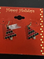 Vintage JC Penny Holiday Motif Christmas Tree Rhinestone Earrings Red And Green