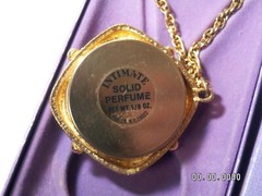 …Revlon Gold Tone,Red Glass Cab “Intimate” Perfume Locket Pendant Necklace…