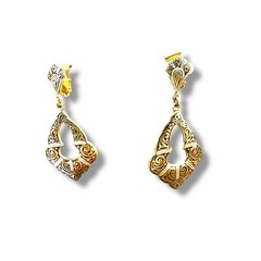 Vintage Gold Tone Damascene Drop Dangle Earrings Multi Tone Gold Silver Clips