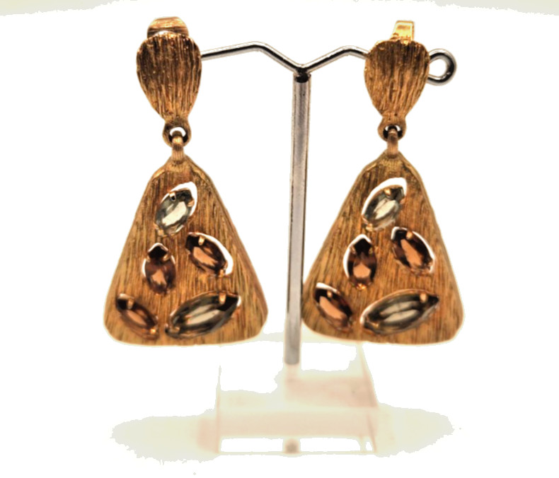 RARE 60’s Clip Earrings Cabochon Navette Prong Set Stones Fall Colors