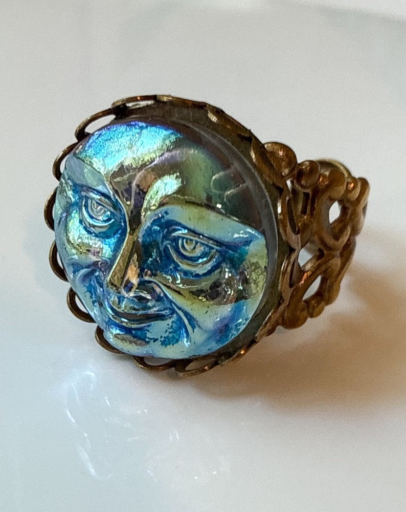 Art Glass Man in the Moon Face Adjustable Ring By Grandmother’s Buttons