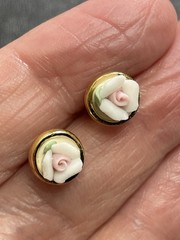 Vintage Pink Ceramic Rose Flower Gold Tone Metal Stud Earrings