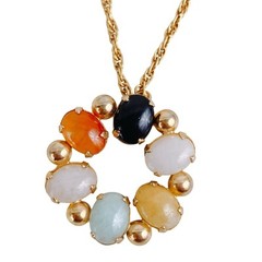 VTG Signed Alice Caviness 14K GF Gemstone Circle Pendant Necklace 1950s, 1960s