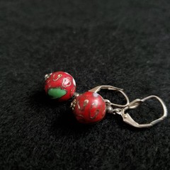 Vintage Cloisonne Earrings Dangle Floral Sterling Silver Red Pink 10mm Bead