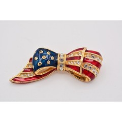 Carolee Vintage American Flag Bow Pin Brooch Pave Crystal Gold Signed 80s BinAP