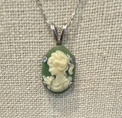 Vintage Sterling Silver Green Resin Cameo Girl With Flowers Petite