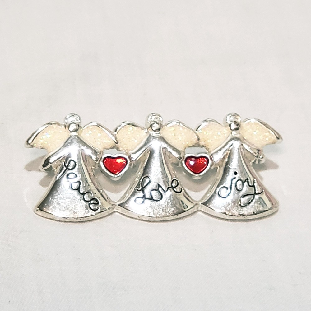 Angel Peace Love Joy Angels Red Heart 2″ Silver tone