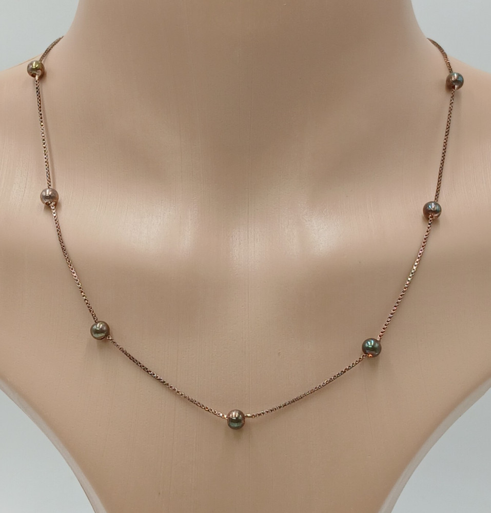 925 Italy Station Necklace 18in Sterling Silver 3g Patina Intact Beads Box Chain