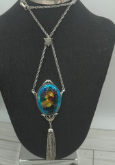Celebrity Vintage Foil Enamel Pendant Necklace Tassel Silver Tone 32″