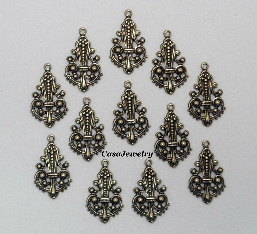#3420 ANTIQUED GOLD OPEN FILIGREE TEARDROP W/TOP HANG RING – 12 Pc Lot