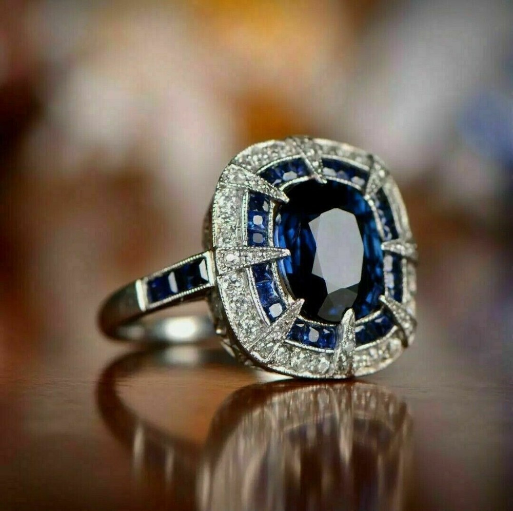 5.5Ct Art Deco Vintage Style Lab Created Sapphire Wedding 14K White Gold FN Ring