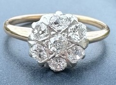 ART DECO 1930’s OLD MINE CUT DIAMOND DAISY FLOWER RING 13K 14K 15K GOLD