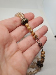 Vintage Beige Glass Bead Double Strand Ethnic Bronze Charm Choker Necklace