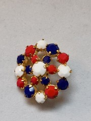 Vintage Red, White, Blue Faceted Glass Bead Prong Set Brooch US Patriotic