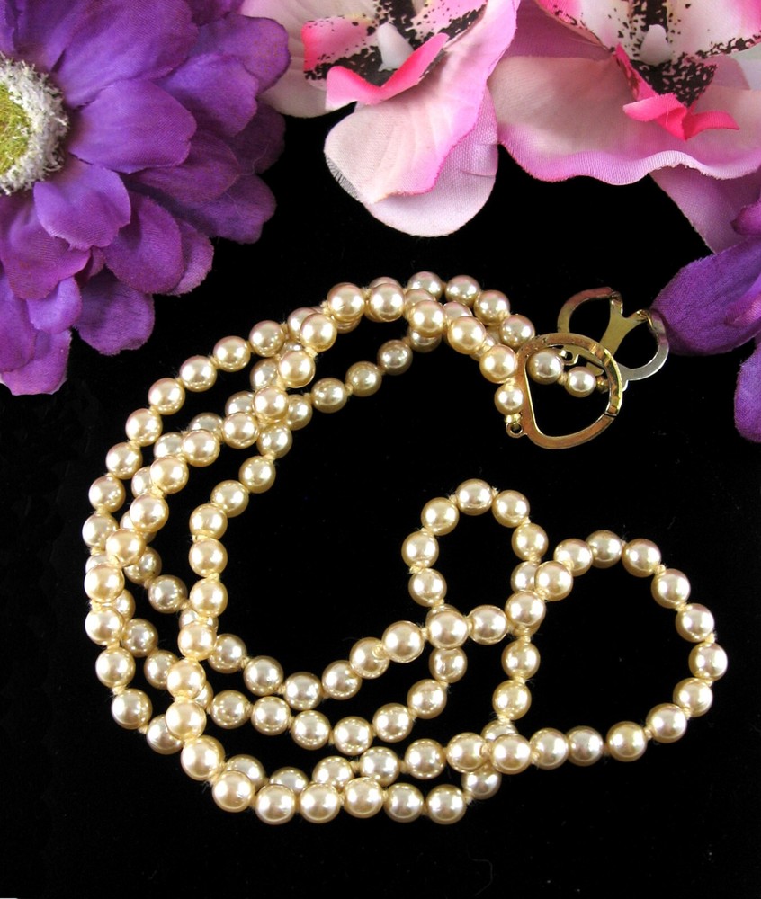 Necklace GLASS FAUX PEARL BEADS Imitation 2 Double Strand Vintage Beaded Knotted
