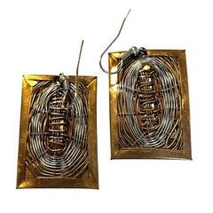 Artisan Boho pierced earrings gold brass silver woven rectangles drop & dangle