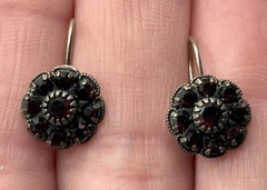 Vintage Faux Garnet Crystal Flower Cluster Drop Dangle Earring Hook Back