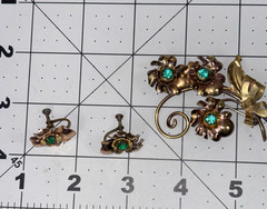 Vintage Gold & Rose Tone Flower Green Rhinestones Brooch & Earrings Set 1/20 12k